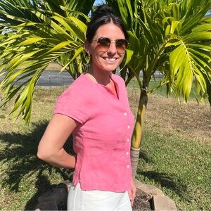 Talbots Salmon 100% Irish Linen Short Sleeve Button Down Shirt Blouse Size 10P